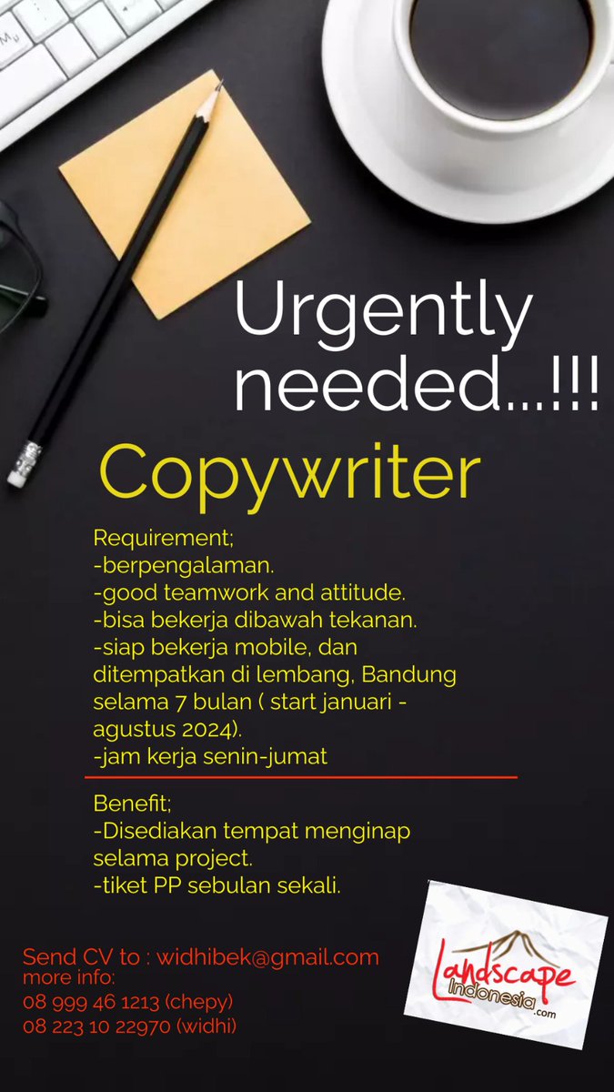 Butuh yg bisa handle content dan copy writing sambil ngopi selama 7 bulan di Lembang. Kalau ada yg berminat ditunggu sampai 5 Januari ya