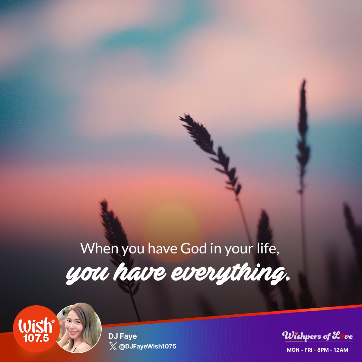 wish1075's tweet photo. When you have God in your life, you have everything.

Tune in to Wishpers of Love and listen to your favorite love songs from 8 p.m. until midnight! Live streaming is also available via https://t.co/31l69bgHy4. https://t.co/hrsyaCTkXP