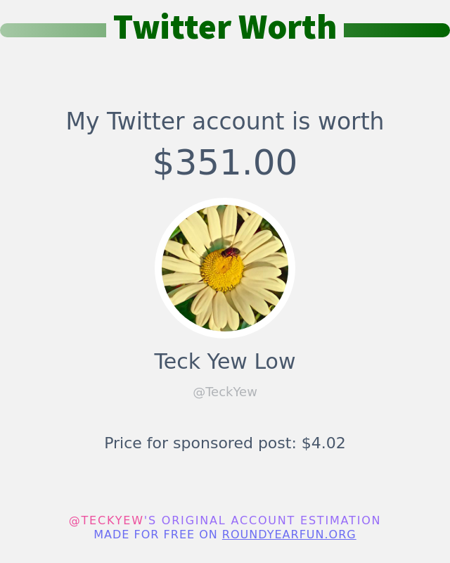 TeckYew's tweet photo. My Twitter worth is: $351.00

➡️ https://t.co/MfzHb5wANB https://t.co/MhCJ7YRFkv