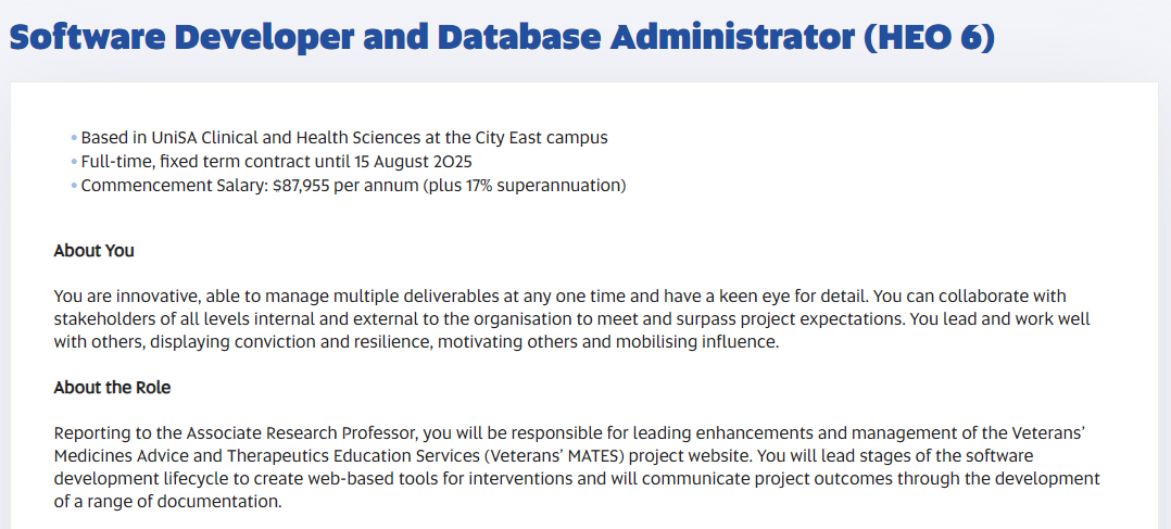 We're hiring a Software Developer and Database Administrator 😊 More details here: lnkd.in/g5SUkC26 Applications close: Sunday 21 January 2024 #Software #jobsearch @UniversitySA @QUMPRC @AndradeAQ