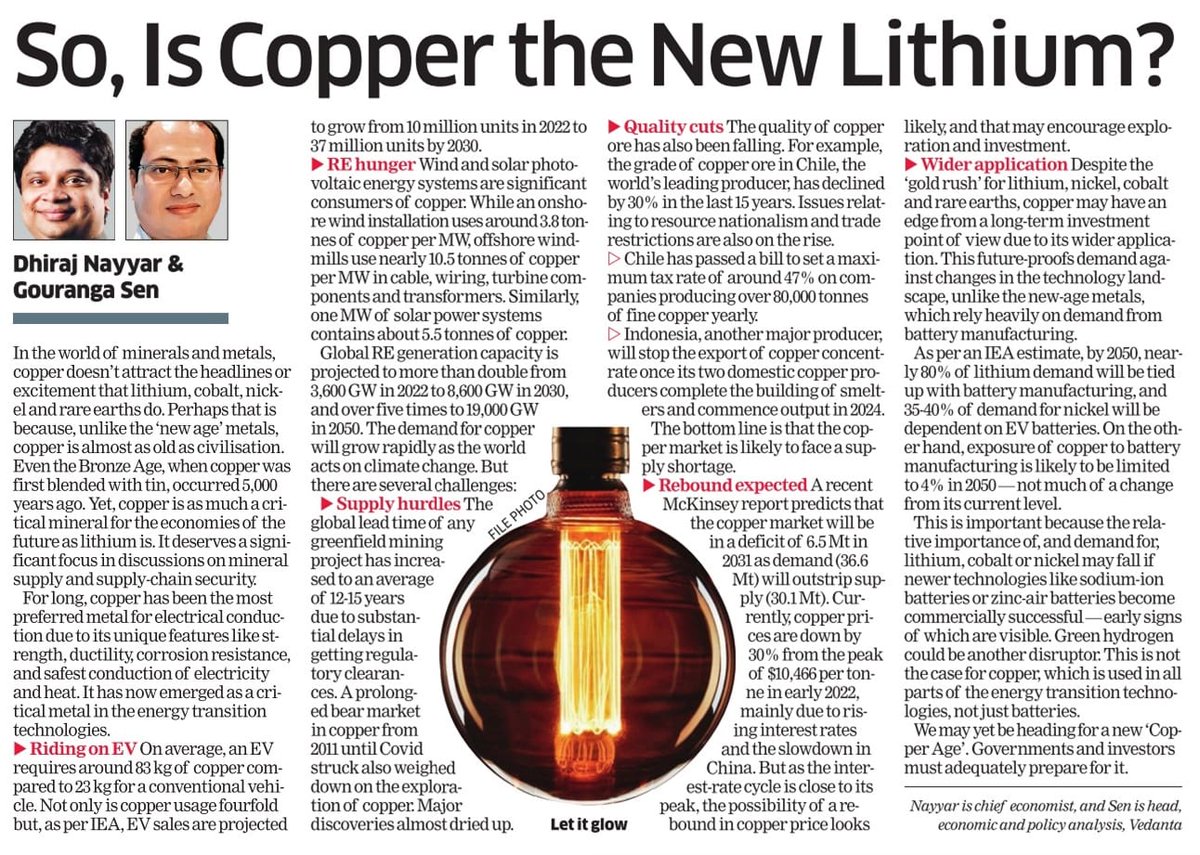 AnilAgarwal_Ved's tweet photo. Hum sab jaante hain that the technologies of the future are mineral intensive. Lekin hamara dhyaan lithium, nickel, cobalt pe jaata hai. But copper is the most critical of all. Sharing this article by Vedanta economists which has several insights on one of the world's oldest and most useful metals. By 2030, global demand for copper could exceed supply by 20%. A call for action by policymakers and investors.