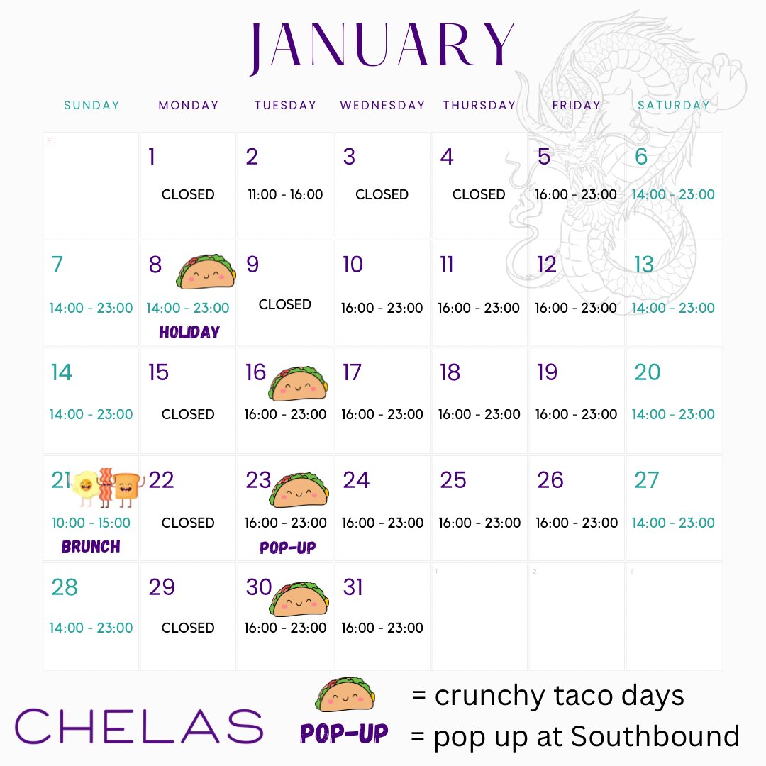 [English Below] 1月のChelasのカレンダーです。宜しくお願い致します!
**********
Here is the calendar for Chelas in January. Thank you!

#chelas #tokyobeerbar #drinklocaltokyo #supportlocal #tokyocraftbeer #tacosandbeer #craftbeerculture #craftbeercommunity #tokyofoodie #happyroad