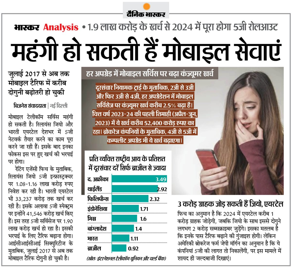 DainikBhaskar's tweet image. Analysis: महंगी हो सकती हैं मोबाइल सेवाएं ... 5G नेटवर्क पर हुए खर्च की भरपाई के लिए टेलीकॉम कंपनियां बढ़ा सकती है टैरिफ

#MobileServices #Telecom #TRAI 

अधिक खबरें और ई-पेपर पढ़ने के लिए दैनिक भास्कर ऐप इंस्टॉल करें - dainik-b.in/mjwzCSxDdsb