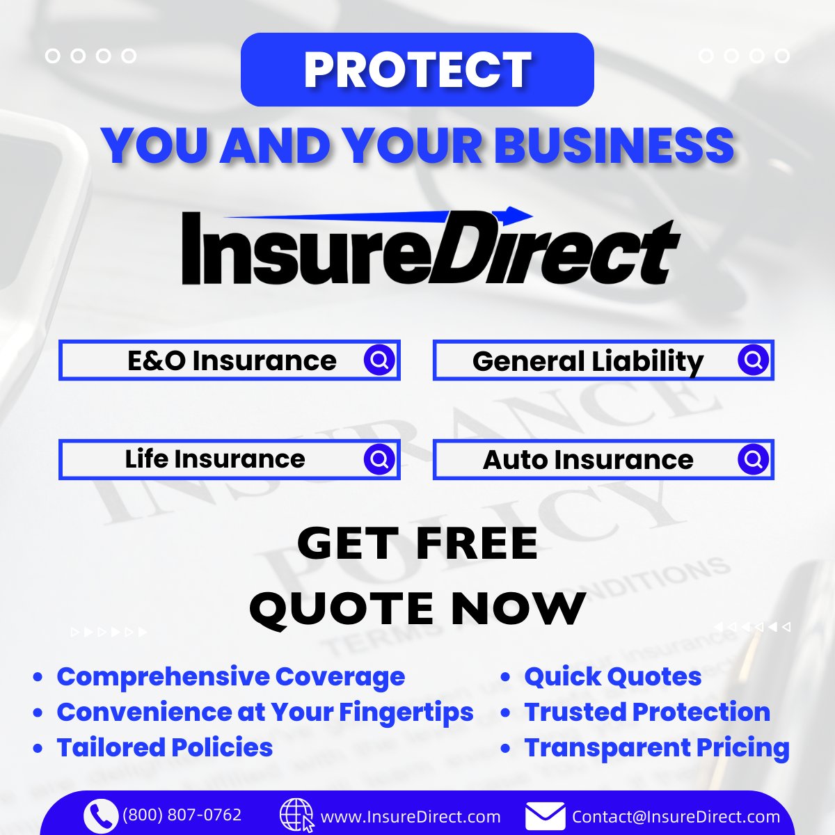 InsureDirectCom's tweet image. Get the coverage you deserve with #InsureDirect! 🛡️ Fast quotes, tailored policies, transparent pricing. Call (800) 807-0762 or visit InsureDirect.com for your FREE quote today! #PeaceOfMind #Insurance
