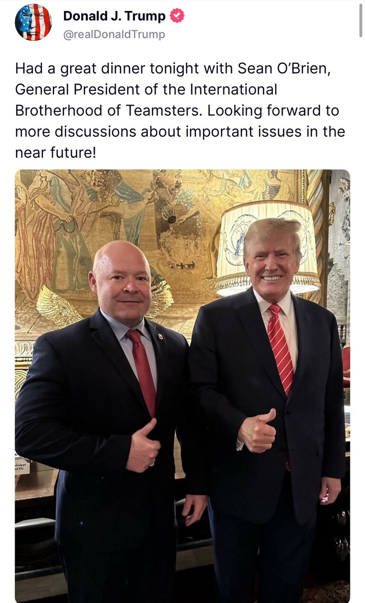 Trump met with Sean O’Brien, the head of the International Brotherhood of Teamsters tonight at Mar-a-Lago. On his Truth Social account, Trump posted a photo of the two and wrote he is “looking forward to more discussions about important issues in the near future!”
