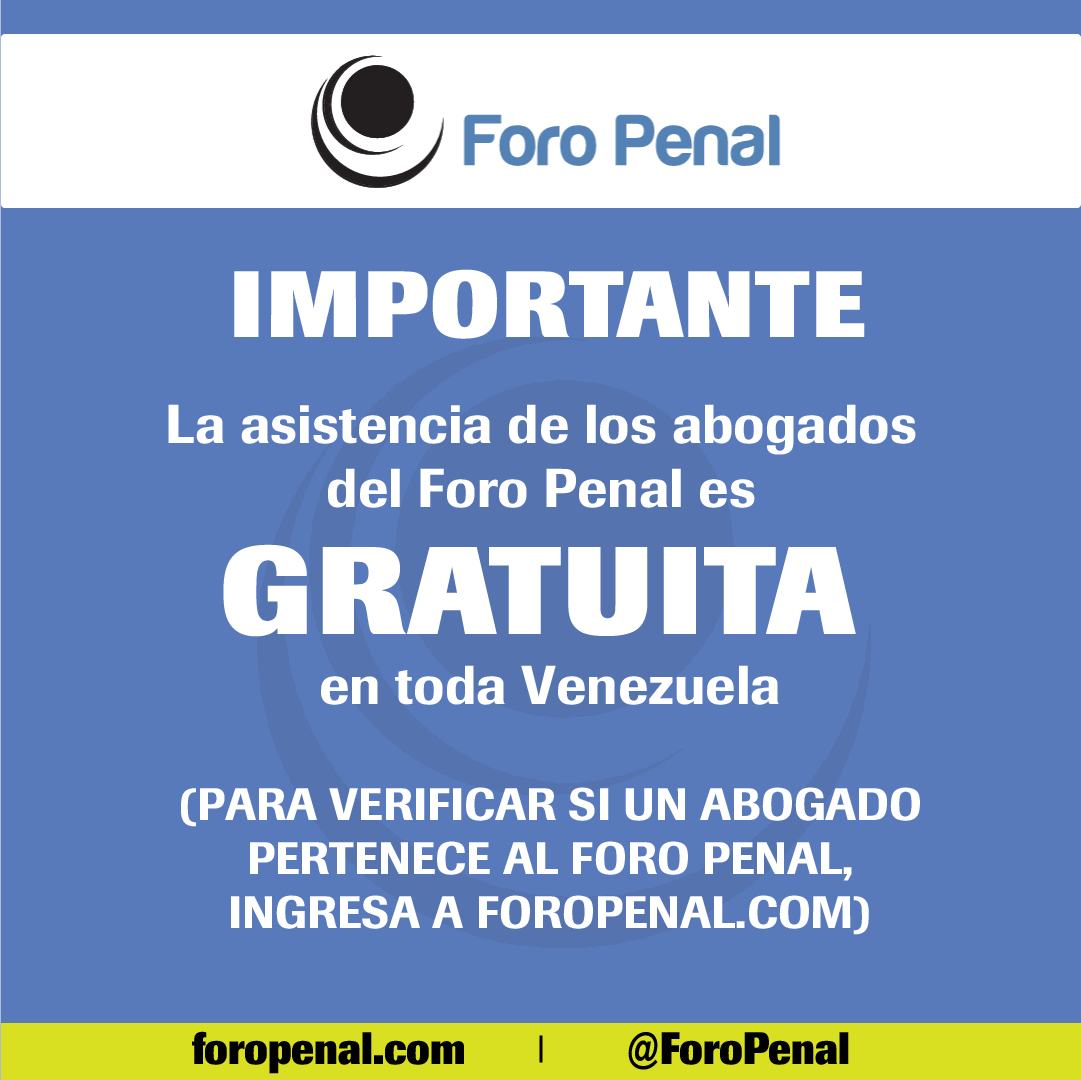 IMPORTANTE: La asistencia de los abogados del Foro Penal es 𝗚𝗥𝗔𝗧𝗨𝗜𝗧𝗔 en toda #Venezuela . Para verificar si un abogado es parte del Foro Penal ingresa a foropenal.com #ForoPenal #Gratuito