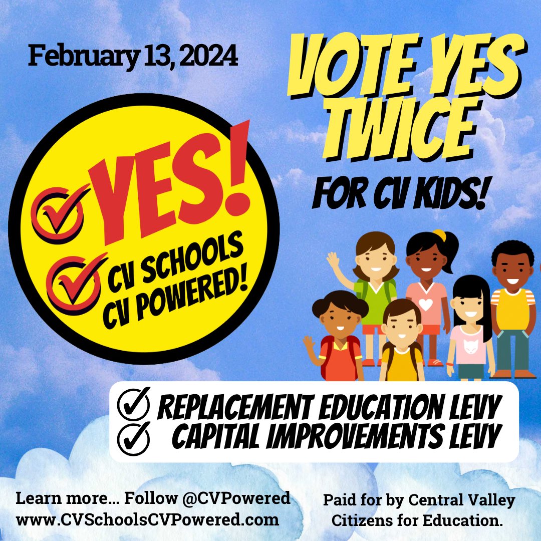 CVpowered's tweet image. We need your support. It’s up to us. 

CVSD has 2 levies on Feb. 13 ballot:
* Renewal of 3-year Education Levy (in place for 50+ years)
* Capital Levy for Safety, Facilities &amp;amp; Technology Improvements

Every levy dollar benefits students across CVSD. Invest in our future—our kids.