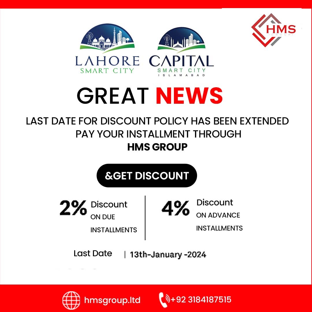 HMS Group is thrilled to announce an exclusive discount policy on instalments for Lahore Smart City files! 🌆✨Don't miss out on this incredible opportunity to invest smartly. 🤩🔑 #HMSGroup #LahoreSmartCity #SmartInvestment #DreamHome #discountpolicy
