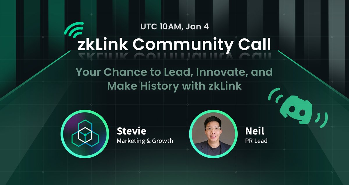 Be prepared for #zkLink's Community Call, where our PR lead will be sharing zkLink's recent updates - KOL alliances, roadmap and more!

🗓️ 10AM UTC, Jan 4
💬 zkLink's recent updates
🎁 30XP for those who complete #Zealy tasks and comment questions below before the