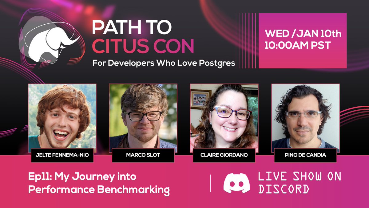 🗓️ 📣 🎙️On Wed Jan 10 we're doing a LIVE recording of the #PathToCitusCon monthly podcast @ 10am PST Guests @JelteF & @marcoslot Topic: My Journey into Performance Benchmarking Tell your #PostgreSQL friends! Mark your calendar to join the live text chat aka.ms/PathToCitusCon…
