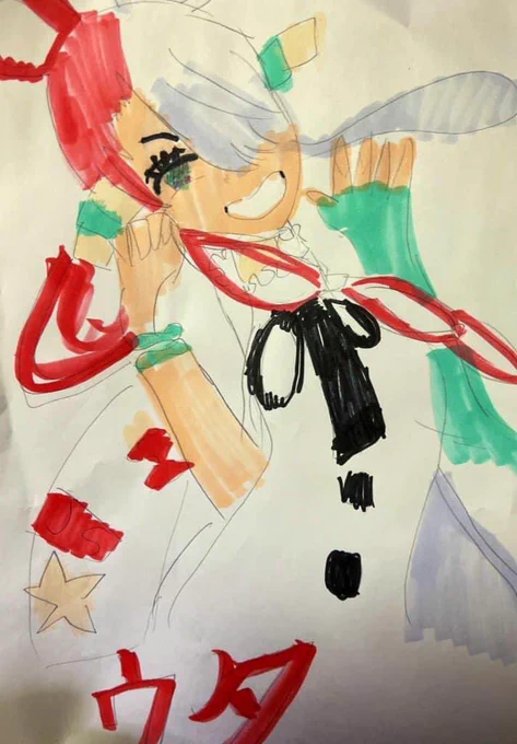 姪っ子ちゃんが描いた絵に無理矢理ポーズ合わせてこんな感じじゃない?と描いて見せてくれんのは嬉しいね 