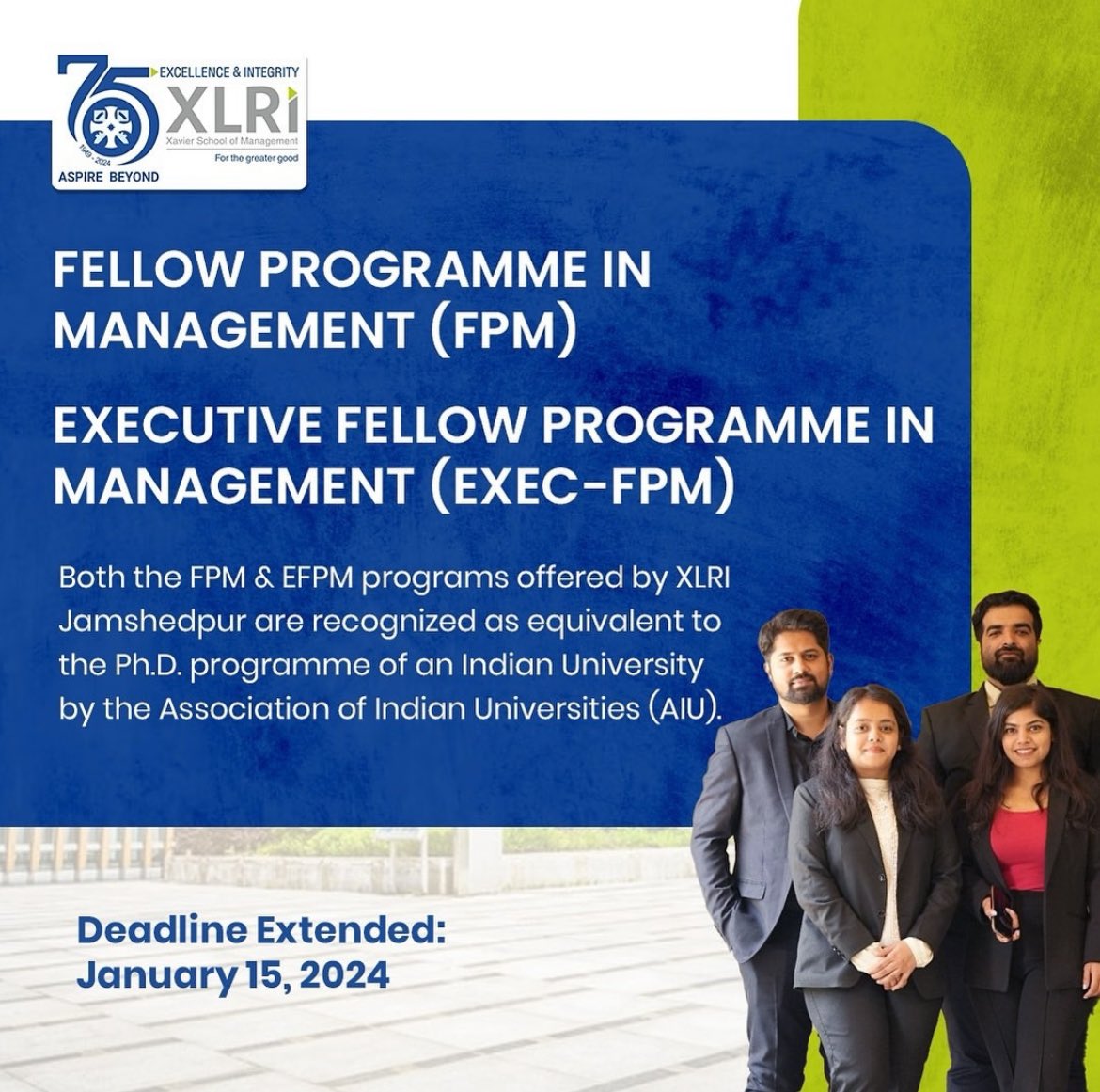 XLRIJamshedpur's tweet photo. FINAL CALL
The Last Day to apply for the EFPM/FPM programs is now extended!
Apply here : https://t.co/xG6qZHSUm0
#xlri #xlrijamshedpur #xl #75yearsofXL #doctoralprogram #fellowshipprogram #fpm #efpm #executiveprogram https://t.co/0WprRlRbXZ