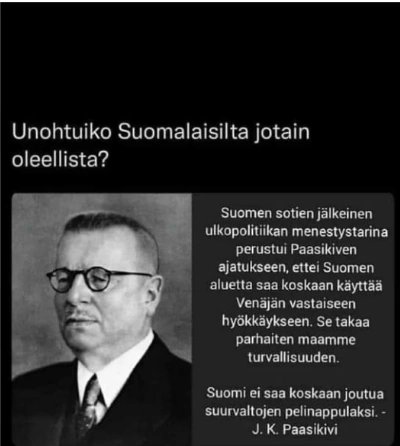 Nykypölvästit eivät tajua, että viimeksi kun ruvettiin maiden väliseksi pelinappulaksi poltettiin vain Rovaniemi, nyt tuhoutuisi koko Suomi.
Venäläisten väliset asiat (ukrainalaiset ovat alkujaan ihan samoja venäläisiä) EIVÄT KUULU SUOMELLE
eivätkä vähääkään Bidenille.