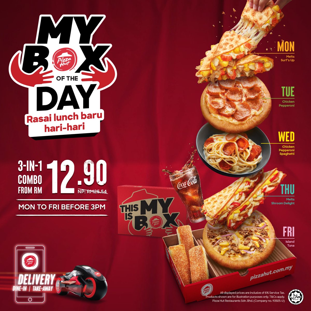 New Year New Lunch! 🍕 No more headache over #MakanApaHariIni! MyBox boleh settle 👍 Introducing the new #MyBoxOfTheDay promo. Enjoy new rasa everyday from only RM12.90. Promo valid Mon-Fri before 3PM. It's simple. Order je, we deliver 🏍 #PizzaHutMalaysia #LunchBetterTogether