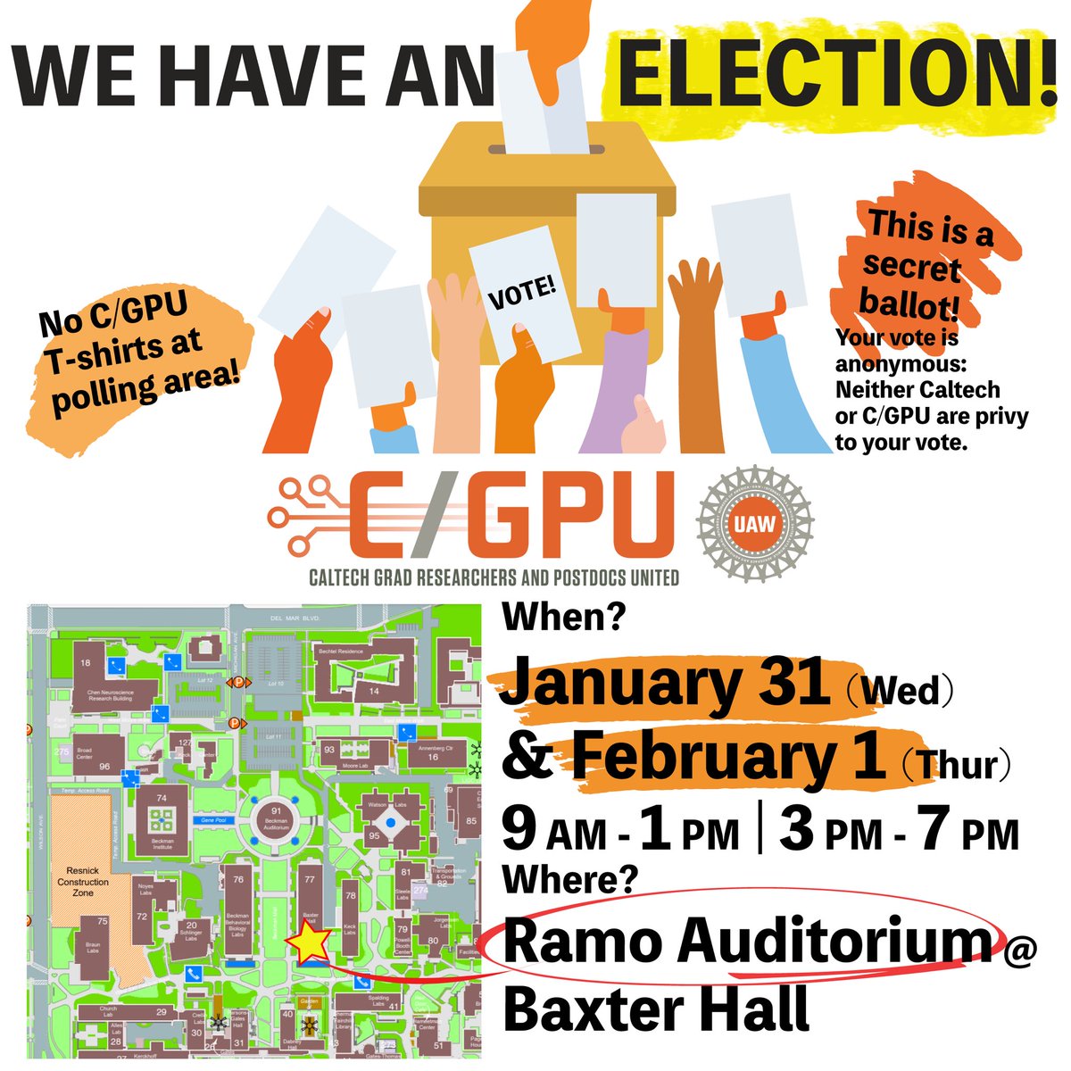 🚨WE HAVE AN ELECTION FOR UNION RECOGNITION🚨 Your YES vote will determine whether or not we officially form our union at Caltech! Election is happening on Wed, Jan 31 & Thurs, Feb 1st 9AM-1PM | 3PM-7PM on BOTH days. It'll be at Ramo Auditorium, Baxter Hall!