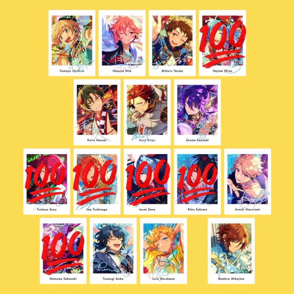 midohiyo's tweet photo. あんスタ ぱしゃっつ 仮約束

譲▶︎渉 弓弦 真緒 鉄虎 藍良 宗 ひなた ゆうた こはく 薫 アドニス 友也 なずな 光 紅郎 敬人 颯馬  嵐 つむぎ 宙 斑

求▶︎日和 凪砂 ジュン 茨

◎3箱予約済み
よろしくお願いいたします。 https://t.co/Dvvbyzn30y