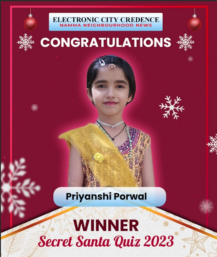 ecitycredence's tweet image. 🌟 #ElectronicCityCredence Team congratulates Priyanshi Porwal, the dazzling #winner of the Secret Santa Quiz 2023! 🎅🎉Wishing you a year ahead filled with happiness, success, and prosperity! 🌈🎊 #Ecity #Bengaluru #Karnataka