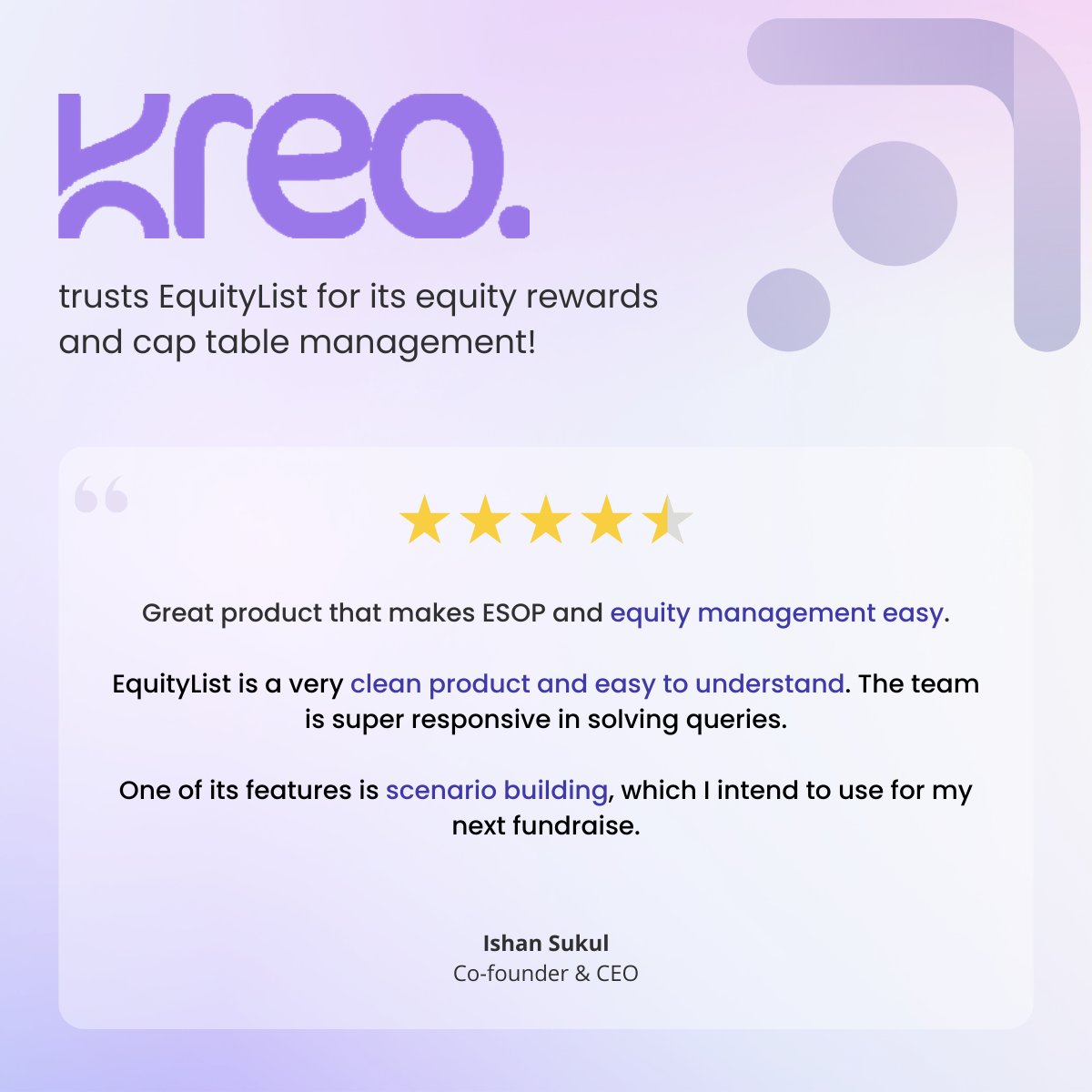 EquityListHQ's tweet image. Kreo founder and CEO @isawsukul talks about the experience of using EquityList for equity management! 💫

@kreosphere is a consumer electronics brand that builds products for gamers and creators. 🙌

#esops #equitymanagement #captablemanagement