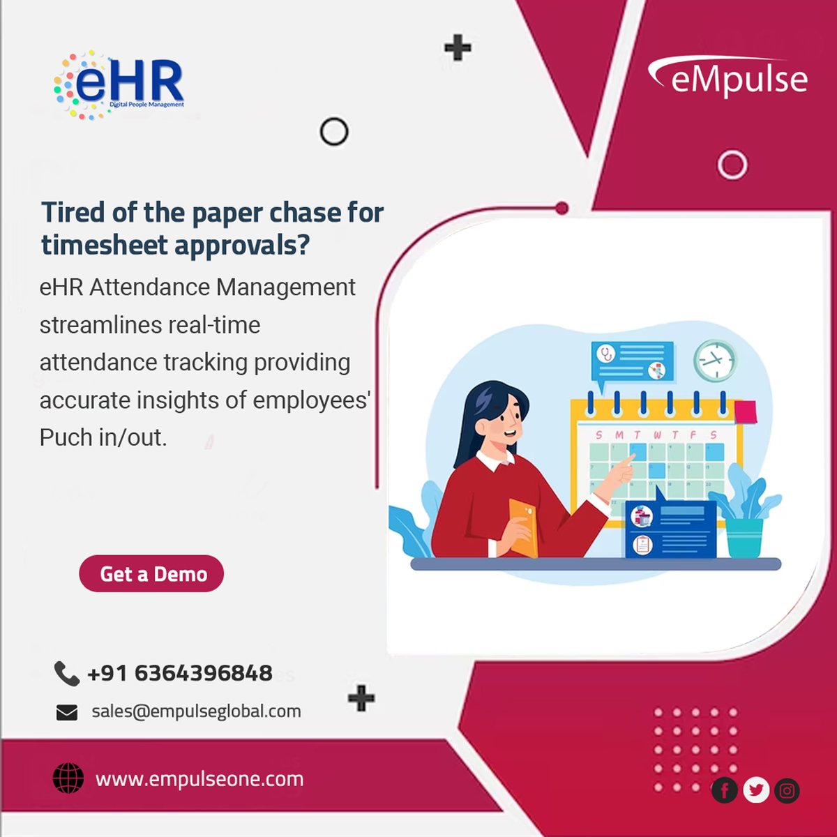 Tired of paper chase for timesheet approvals?
eHR Attendance Management streamlines real-time attendance tracking providing accurate insights of employees Puch in/out.

Call: +916364396848
Site: empulsehrsolutions.com

#eHR #empulseehrsoftware #attendancemanagement #DigitalHRMS