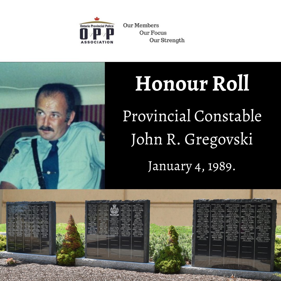 OPP Provincial Constable John Gregovski died in the line of duty January 4, 1989 when a tractor trailer hit his cruiser while he was assisting a disabled van in the westbound lanes of the QEW at the base of the Garden City Skyway Bridge. #NeverForgotten #HeroesInLife