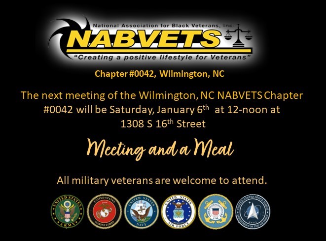 INabvets's tweet photo. All military veterans are invited to attend the Wilmington NC NABVETS chapter meeting on Saturday, January 6, 2024 at 12-noon at 1308 S 16th Street Wilmington, NC. Come for the meeting and stay for a meal.   #veterans #wilmingtonnc https://t.co/xj0lsHyhbW