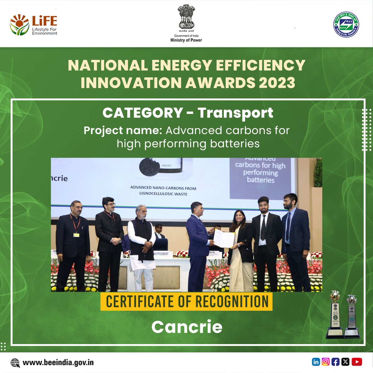 beeindiadigital's tweet photo. Congratulations to #Cancrie for the Certificate of Recognition (COR) for its project- Advanced carbons for high performing #batteries under the #Transport category of #NEEIA 2023. https://t.co/719Fziy5FS