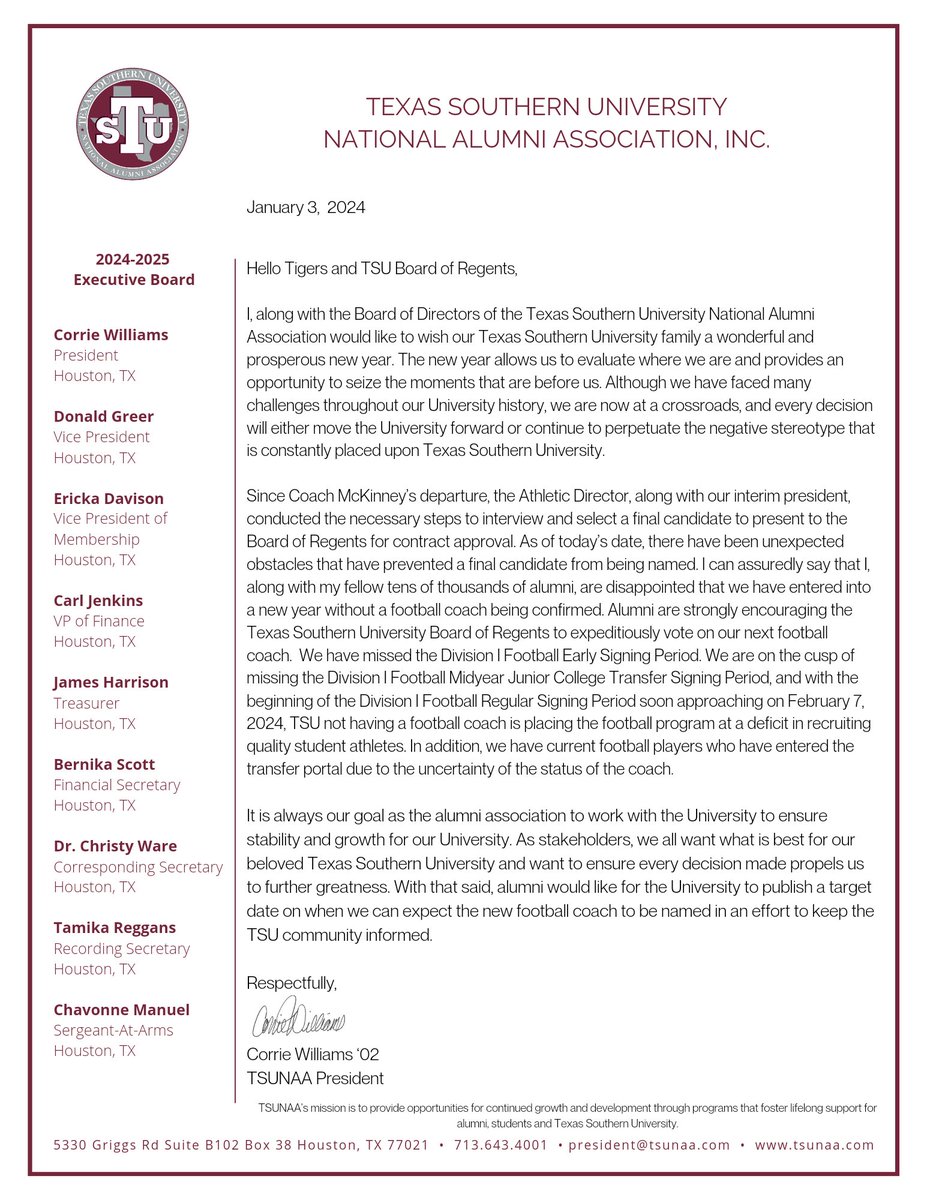 Letter from President Corrie Williams regarding the delay in naming a football coach.