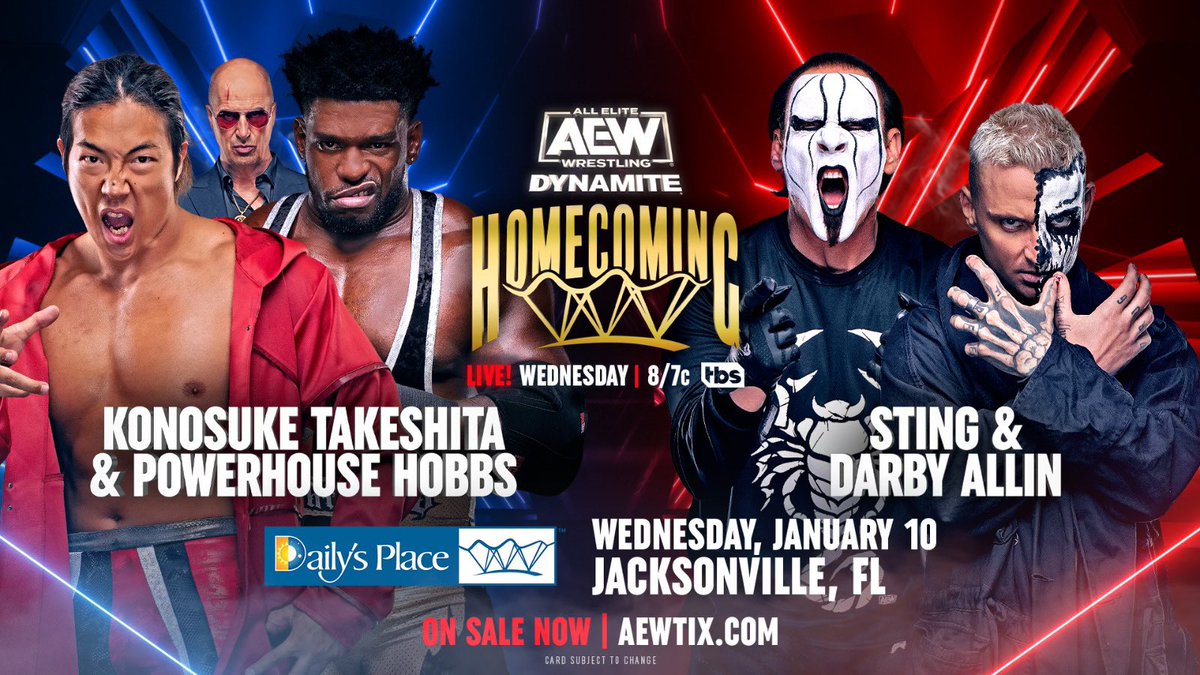 Next Wednesday, 1/10/24 @dailysplace Jacksonville, FL Wednesday Night #AEWDynamite @TBSNetwork, 8pm ET/7pm CT @Takesoup + @TrueWillieHobbs vs @Sting + @DarbyAllin Sting returns to the site of his @AEW debut to team with Darby to fight Hobbs + Takeshita, next Wednesday on TBS!