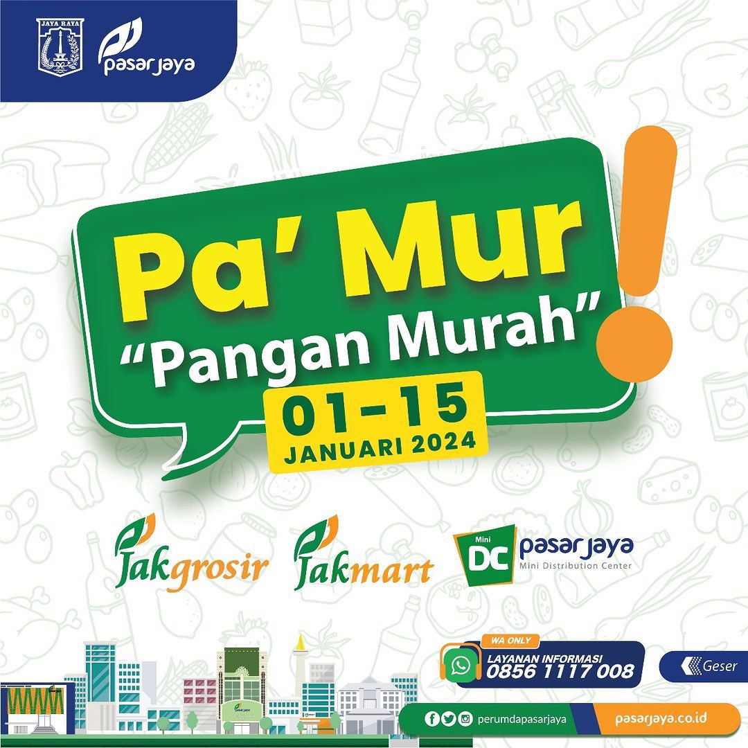 DKIJakarta's tweet photo. Pa'Mur "Pangan Murah" bulan Januari 2024 ada lagi, nih. 

Kali ini ada promo terbaru dengan periode berlaku mulai tanggal 01-15 Januari 2024. 

Untuk tahu produknya, bisa simak infografis di atas ya!

Promo #PaMur tersedia di Gerai #JakGrosir #JakMart & #MiniDC Perumda Pasar Jaya.

Sumber: @PasarJaya_JKT 

#dkijakarta #suksesjakartauntukindonesia #jagajakarta #PasarMurah #bantuanpangan #perumdapasarjaya