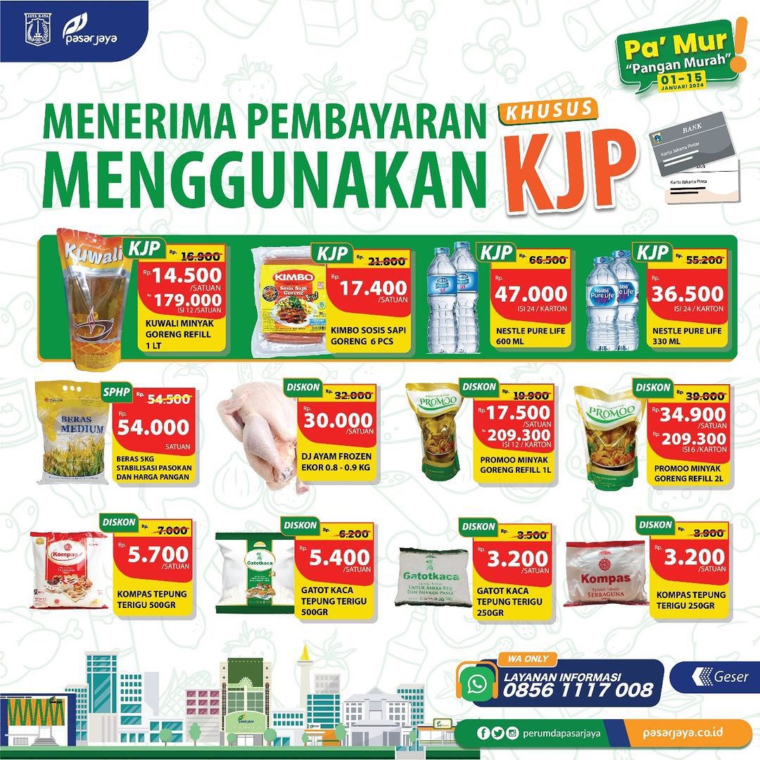 DKIJakarta's tweet photo. Pa'Mur "Pangan Murah" bulan Januari 2024 ada lagi, nih. 

Kali ini ada promo terbaru dengan periode berlaku mulai tanggal 01-15 Januari 2024. 

Untuk tahu produknya, bisa simak infografis di atas ya!

Promo #PaMur tersedia di Gerai #JakGrosir #JakMart & #MiniDC Perumda Pasar Jaya.

Sumber: @PasarJaya_JKT 

#dkijakarta #suksesjakartauntukindonesia #jagajakarta #PasarMurah #bantuanpangan #perumdapasarjaya