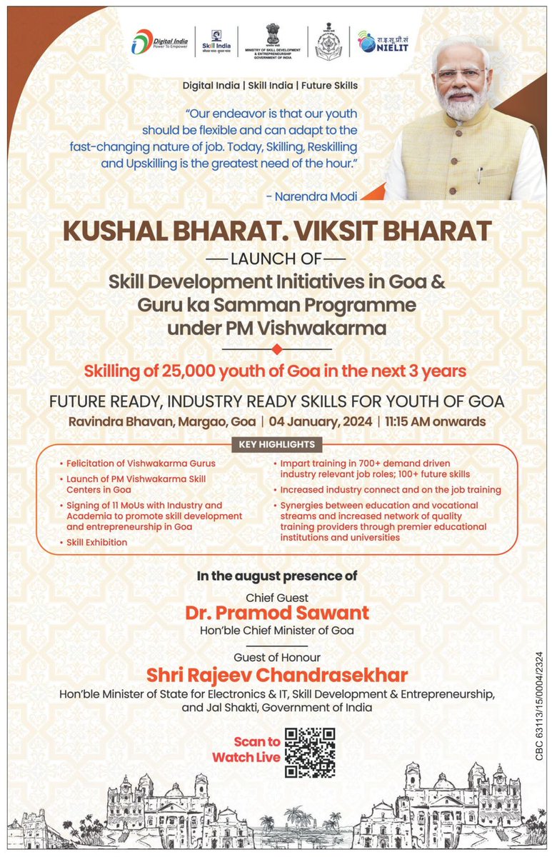 Launching various Skill Development Initiatives in Goa and attending the Guru ka Samman Programme under #PMVishwakarma alongside @DrPramodPSawant, Chief Minister of Goa.

Watch Live: youtube.com/live/Ac8YV9FKO…

#SkillDevelopmentGoa #SkillIndia
#RCinGoa