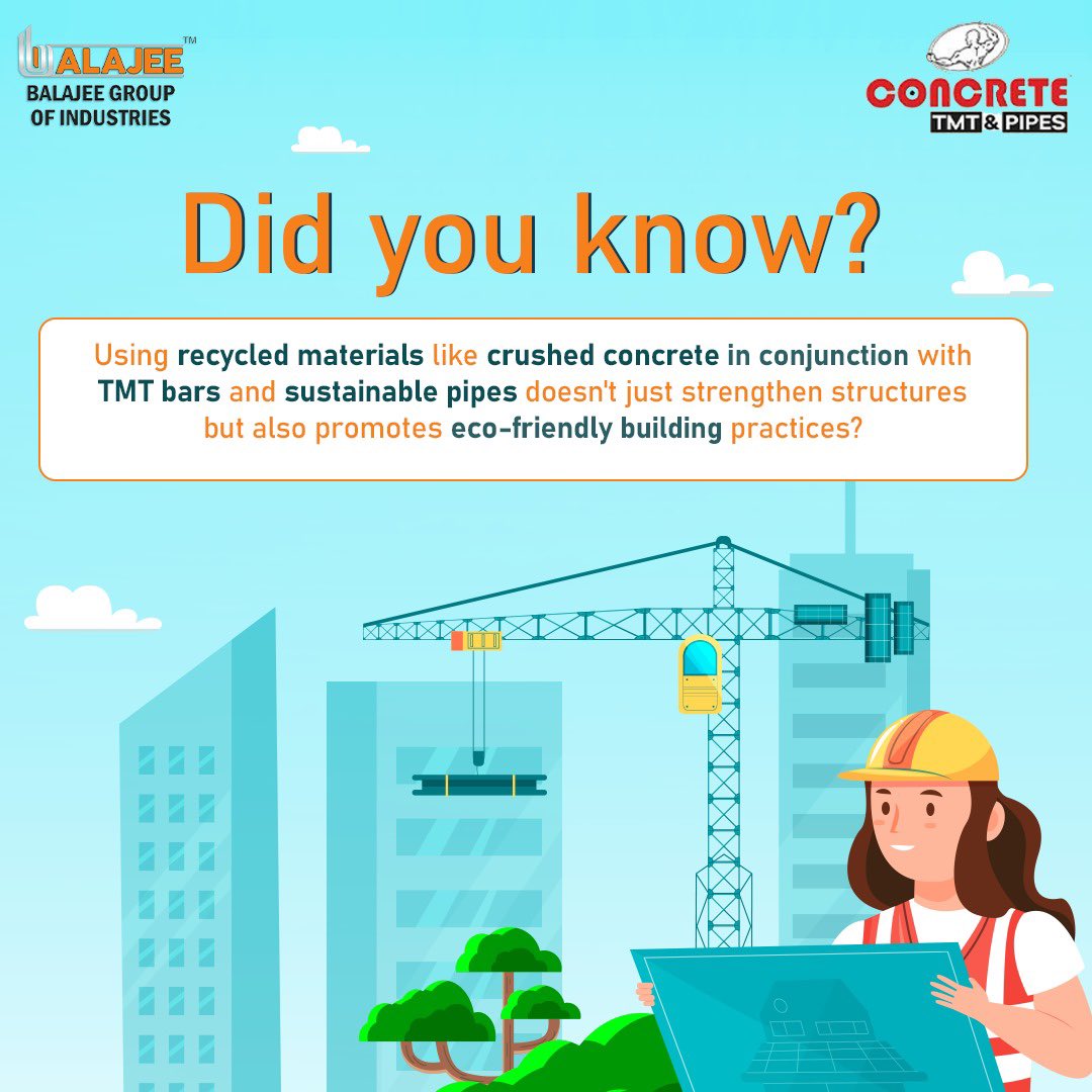 Beyond strength, there's sustainability. Embracing recycled crushed concrete alongside TMT bars and eco-friendly pipes isn't just a construction choice; it's a sustainable commitment. Let's build stronger, greener futures! #GreenConstruction #EcoFriendlyBuilding