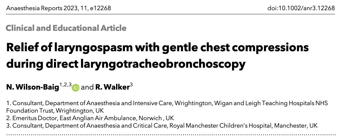 Anaes_Reports's tweet photo. Have you ever used chest compressions to relieve laryngospasm?

@LeDyslexicMedic and Walker have! 

Read about it at the link below.

(Hint: They kindly recorded their experience - there's also a video!)

https://t.co/Lh2A398bmT https://t.co/vdsF5WGoEy