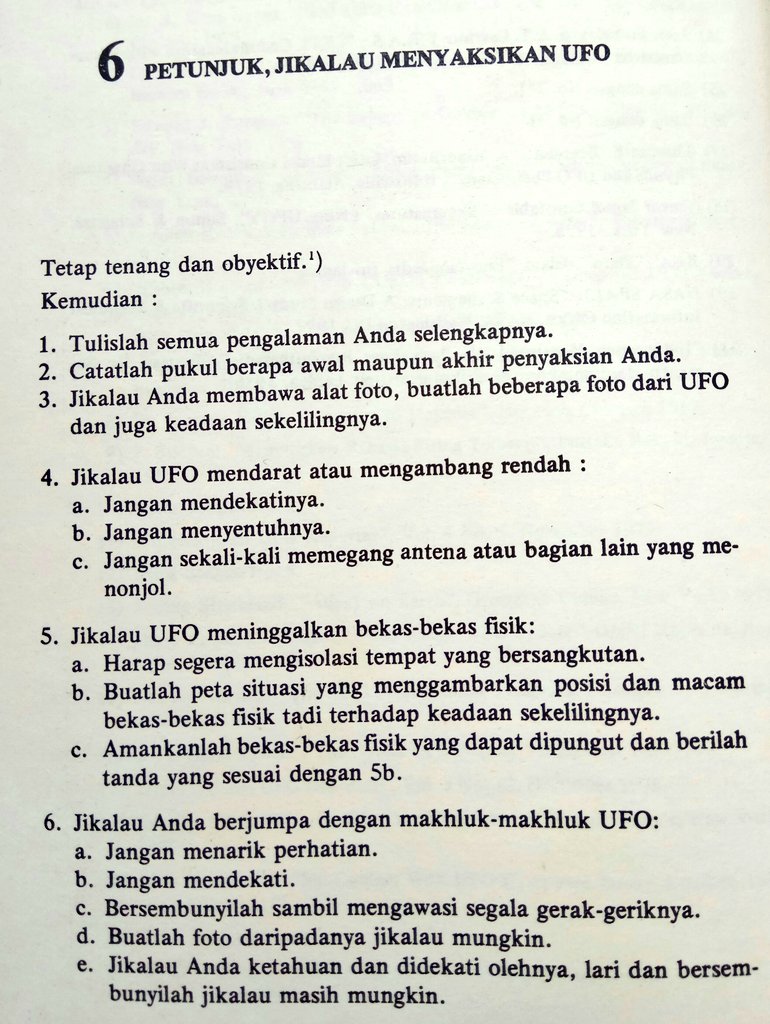 kabarufo's tweet photo. Panduan dari SUFOI (Studi UFO Indonesia),
jika anda melihat UFO atau encounter dengan alien.

SUFOI dibentuk oleh Jacob Salatun pada tahun 1982.

Marsekal Muda Purnawirawan Jacob Salatun (1927 - 2012) adalah pendiri dari LAPAN &amp; Menteri Perindustrian Penerbangan tahun 1966. https://t.co/Rxp56fUrLx