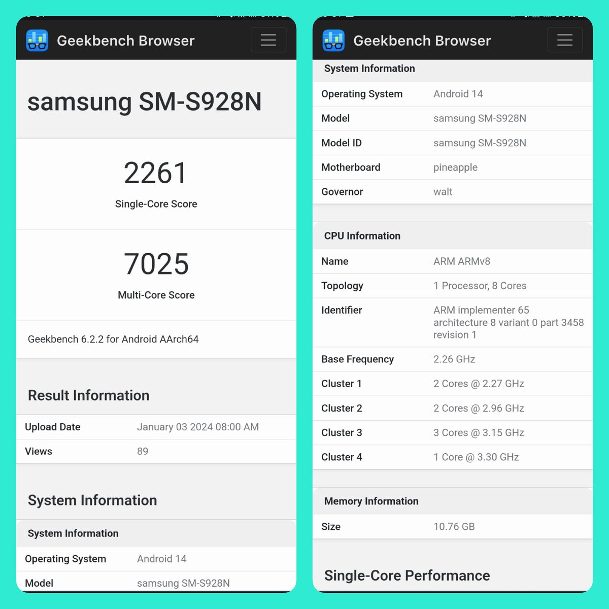 tarunvats33's tweet photo. S24 Ultra highest multi-core score🤯

Galaxy S24 Ultra with Snapdragon 8Gen3 scores in latest Geekbench benchmark!!

Single-core: 2261
Multi-core: 7025

#OneUI6 #OneUI #GalaxyS24Ultra
#GalaxyS24Plus #GalaxyS24 #GalaxyUnpacked2024 #Unpacked https://t.co/MjLmTIspnK