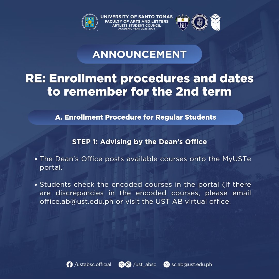 ust_absc's tweet photo. 📢 | HEADS UP, ARTLETS! 

RE: Enrollment procedures and dates to remember for the 2nd term

Provided below are the Faculty of Arts and Letters enrollment procedures and dates to remember for the 2nd term of A.Y. 2023-2024. https://t.co/CsKWFu250R