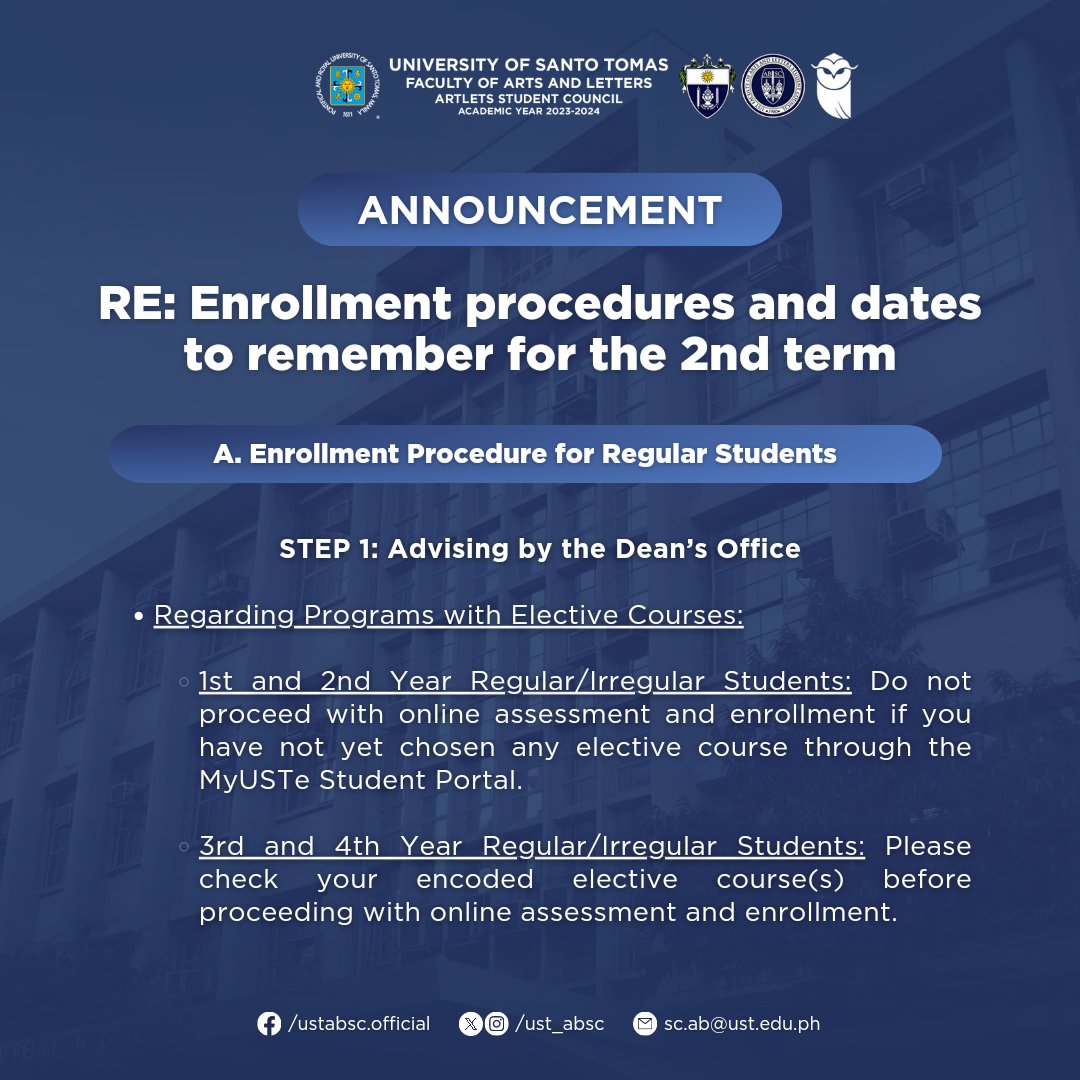 ust_absc's tweet photo. 📢 | HEADS UP, ARTLETS! 

RE: Enrollment procedures and dates to remember for the 2nd term

Provided below are the Faculty of Arts and Letters enrollment procedures and dates to remember for the 2nd term of A.Y. 2023-2024. https://t.co/CsKWFu250R