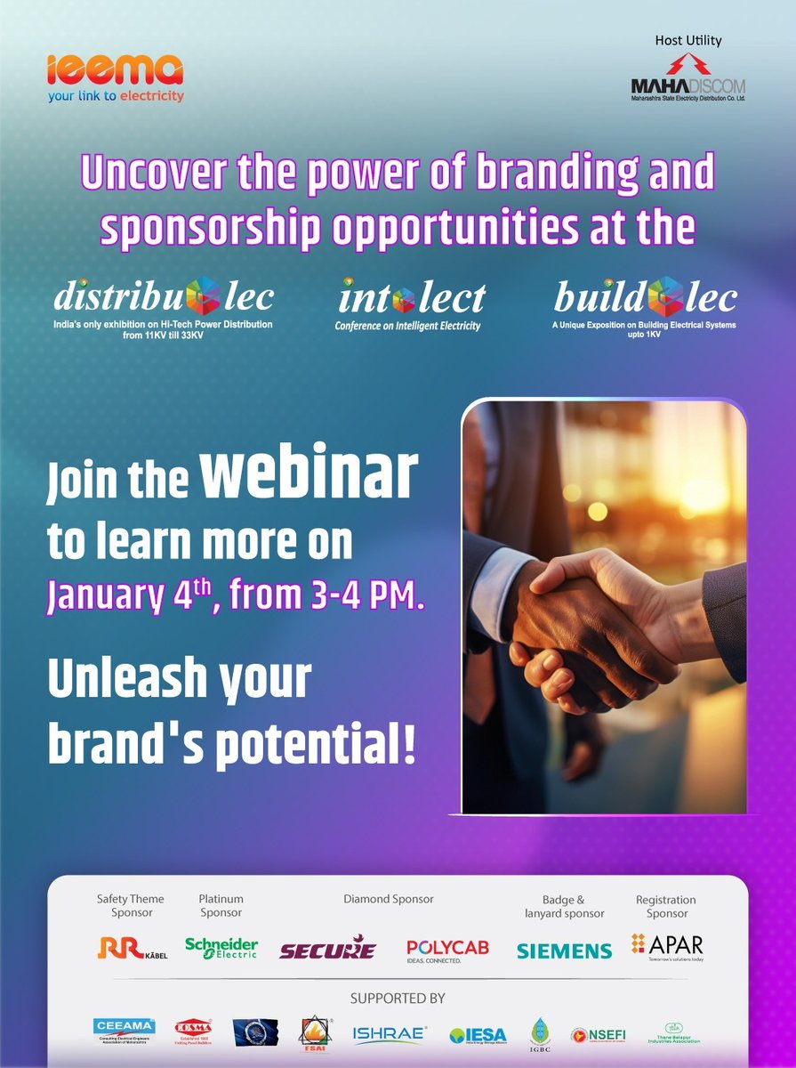IEEMA_Official's tweet image. Want to reap the electrifying benefits #Buildelec, #Intelect and #Distribuelec 2024 have to offer?
Join our webinar to learn how you can unleash the full potential of your brand that is poised to jolt the very threshold of possibilities.

Meeting link - bit.ly/3tExvjm