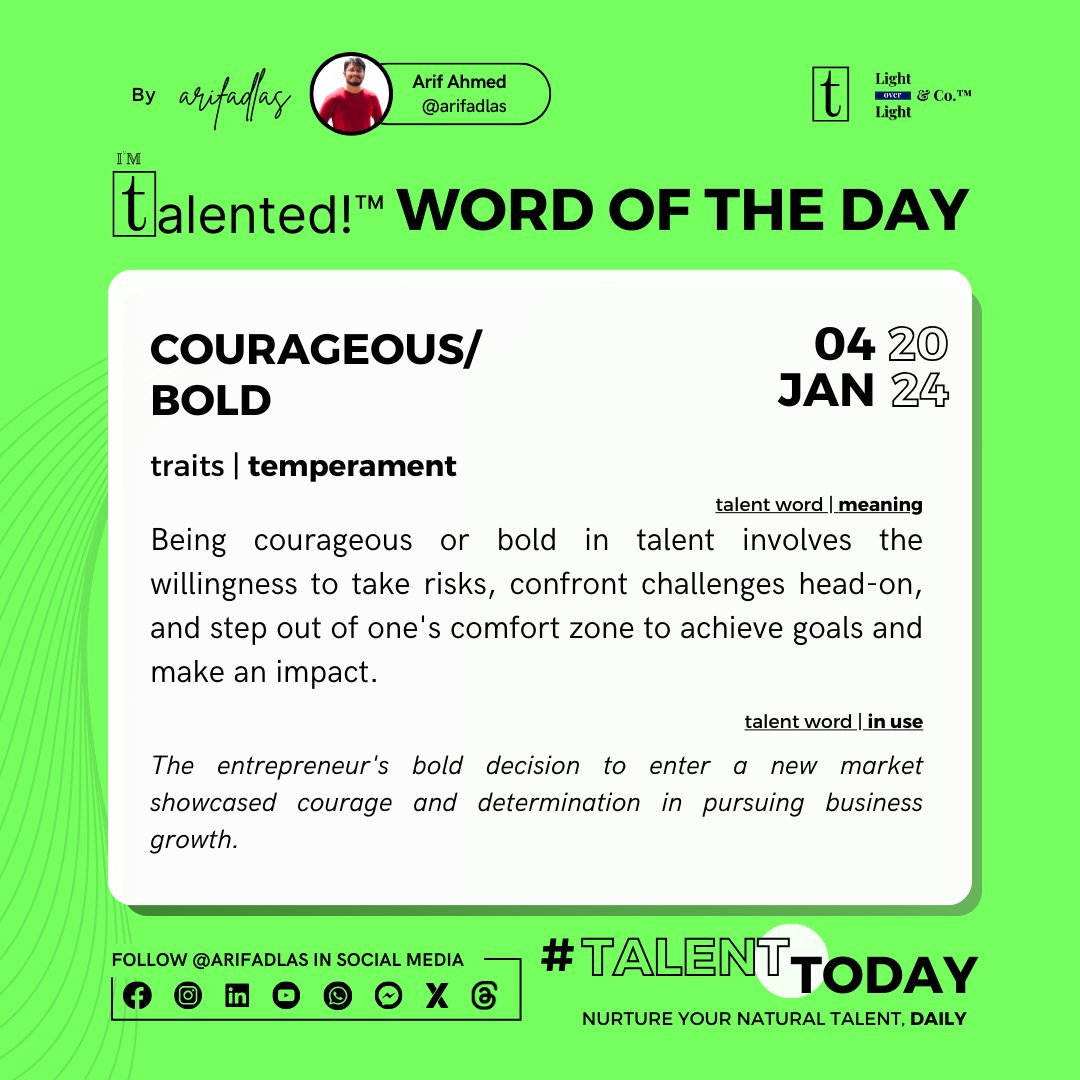 arifadlas's tweet photo. Dare to be bold! 🚀 Unleash your inner courage in pursuing your goals and facing challenges with determination. 💪

#TalentToday #ArifAdlas #Hybrid #FutureReady #Talent #Tech #Transformation #ImpactABillionLives #LightoverLight #MakeTheChoice #TheLightEducation #CHOICE https://t.co/j2QOKDZ1Rl
