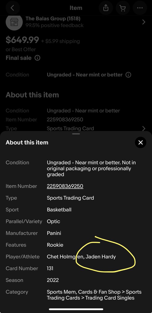 xix19's tweet photo. @srqbanker @AskeBay @CardPurchaser In your listing, you have Jaden Hardy listed as a player. All AI does is just pull the info for your listing. eBay didn’t list the incorrect info, you did. https://t.co/rajW21hQso