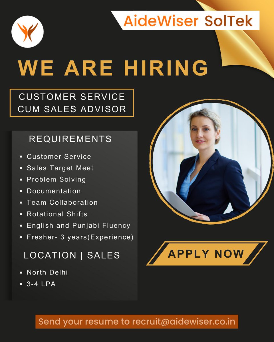 We are hiring for Customer Service and Sales Advisor.

#Recruitmentmatlabaidewiser

Send your resume to recruit@aidewiser.co.in

#AideWiser #recruitment #hiring #job #jobsearch #sales #salesjobs #customerservice #delhijobs #delhi #punjabi #northdelhi #punjab #punjabjobs