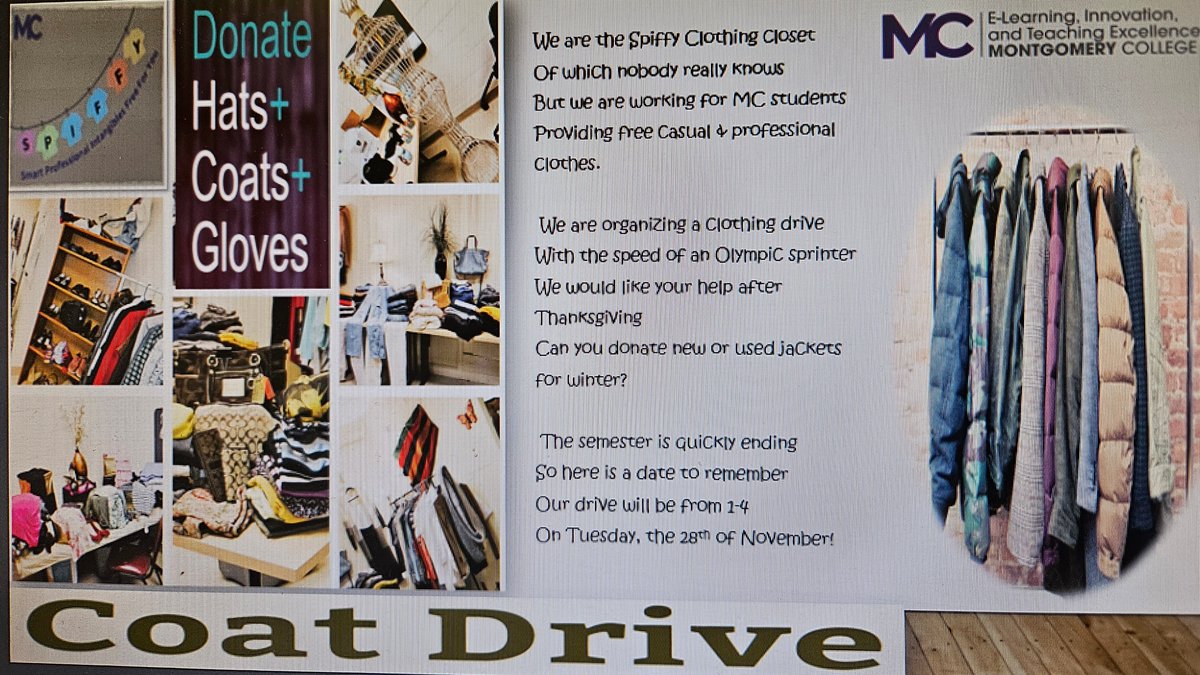 LowerthebarPols's tweet photo. The #MCSPIFFYCloset is continuing to evolve!! We have a new QR survey for tracking inventory, creative graphics being shared with the MC higher ups, &amp; a poem ad campaign for the @montgomerycoll  coat drive after Thanksgiving! EXCITING!!! https://t.co/IKNpDYatUY