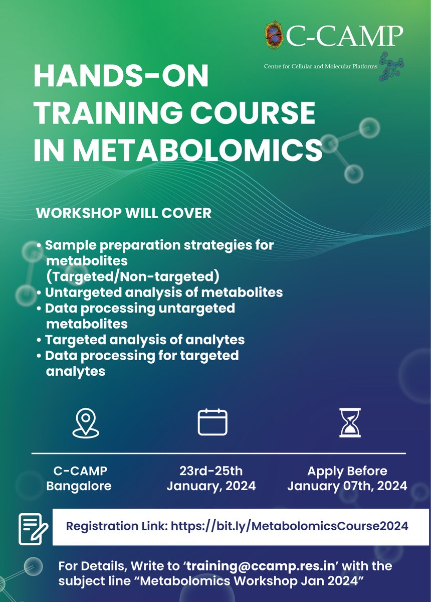 📢Last 3 Days left! Sign up for "Hands-On Training Course in Metabolomics" happening from Jan 23rd to 25th, 2024

Dive deep into the exciting field of #metabolomics and more with a comprehensive training course offered by CCAMP
Learn how to prepare samples, perform untargeted and
