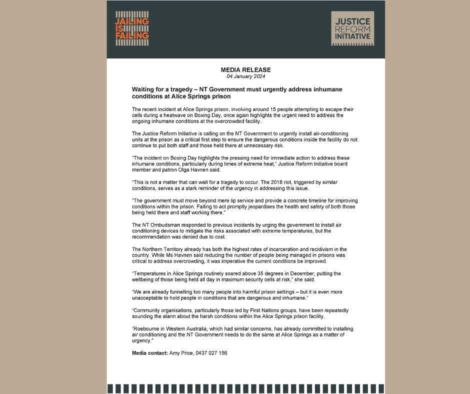 The incident at Alice Springs prison - involving around 15 people attempting to escape their cells during extreme heat - highlights once again the urgent need to address the inhumane conditions there. We cannot wait for a tragedy to occur. loom.ly/byakAts