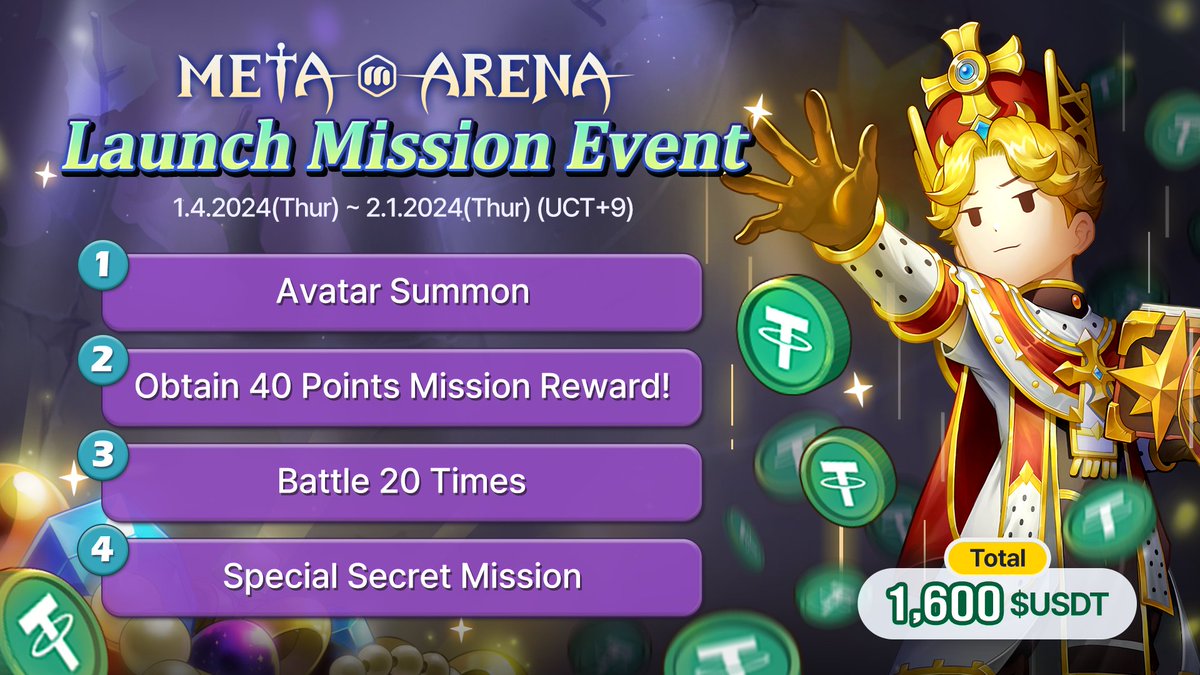 META ARENA Official Game 
Launch Mission Event is Now Live! 

Win $1,600 USDT Event Prizes and nearly $3,000 worth of $META Season Prizes just by playing!🎈

🔷 Join META ARENA and mint for the U.S.D.T Event!
📅 2024. 1. 4. ~ 2024. 2. 1.

Join US!!!👇👇👇
t.me/METAARENA_WORL…