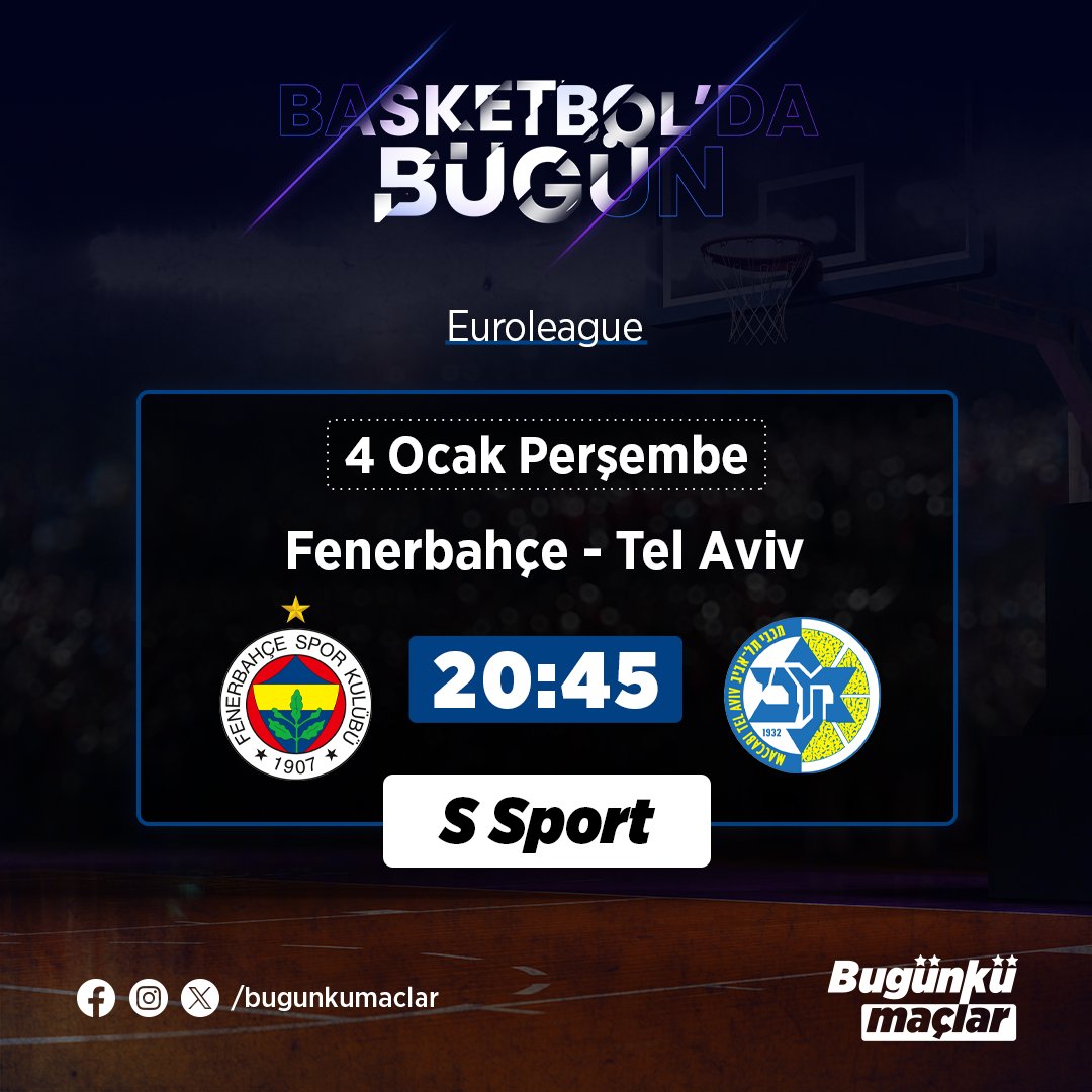 🗣️💭 Basketbol'da Bugün

▪️Euroleague

Fenerbahçe 🆚 M. Tel Aviv
🗓 4 Ocak Perşembe
🕢 20.45
📺 S Sport
#basketbol #fenerbahce #telaviv #bugunkumaclar #basketball #basketboldabugun #euroleague #ssport