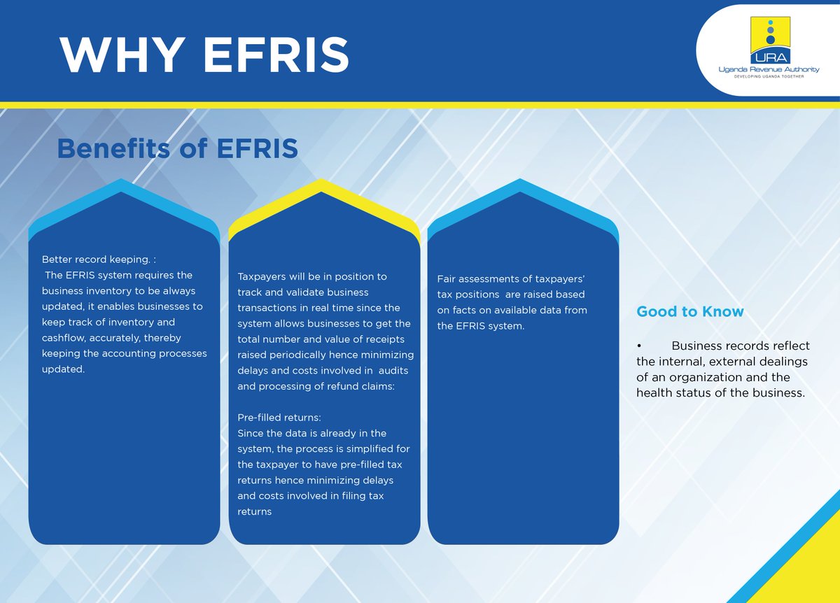URAuganda's tweet photo. Why EFRIS?

Find out what's in it for you in this week's #TaxSnippet serving.
#TaxTips
#TaxMchuzi
#MEYFestiveXtra https://t.co/x4jlJrupw2