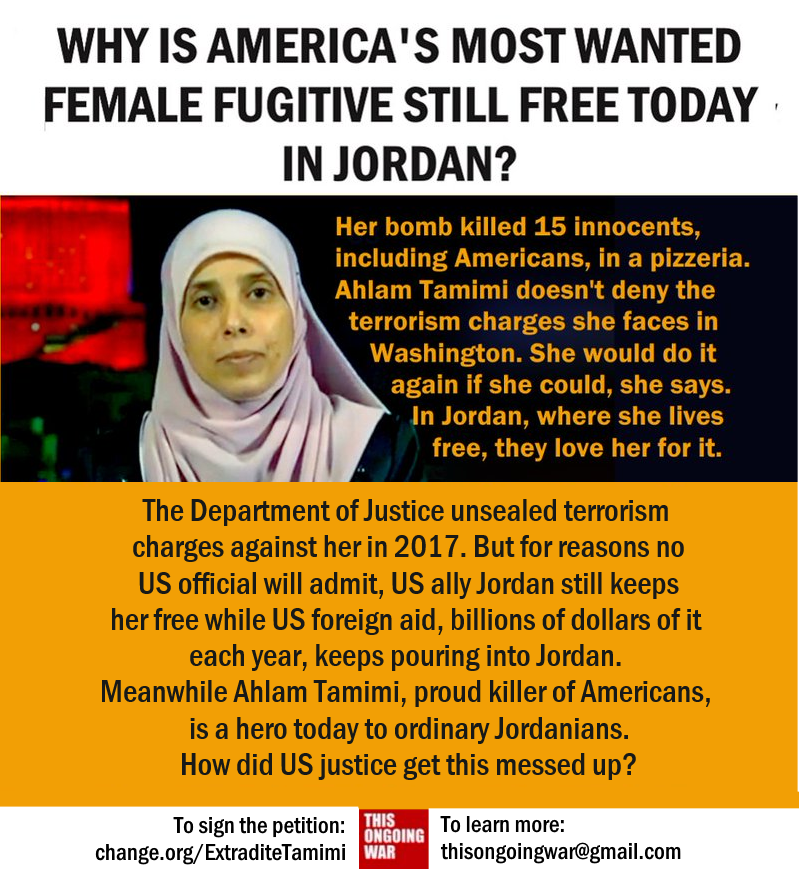 This Ongoing War (@thisongoingwar) on Twitter photo <a href="/JachnunEmpire/">~Jachnun Supremacist~ נפתלי בן מתתיהו</a> In the years since the <a href="/Sbarro/">Sbarro</a> massacre, the Jordanian woman who has built a spectacular career on the basis of masterminding the attack remains free as a bird in Jordan. The US filed terror charges against #AhlamTamimi in 2013. Butthe <a href="/StateDept/">Department of State</a> quietly blocks all efforts to <a href="/JachnunEmpire/">~Jachnun Supremacist~ נפתלי בן מתתיהו</a> In the years since the <a href="/Sbarro/">Sbarro</a> massacre, the Jordanian woman who has built a spectacular career on the basis of masterminding the attack remains free as a bird in Jordan. The US filed terror charges against #AhlamTamimi in 2013. Butthe <a href="/StateDept/">Department of State</a> quietly blocks all efforts to