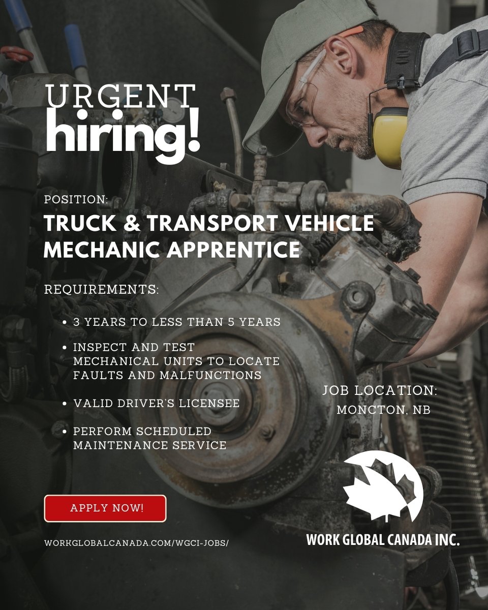 Rev up your career in the automotive industry! 🚛🔧 We're looking for skilled individuals to join our team as Truck and Transport Vehicle Mechanic Apprentices in Moncton, NB. 
🔗 Apply Now: ow.ly/cGcA50QkjXy
 #HiringNow #MechanicApprentice