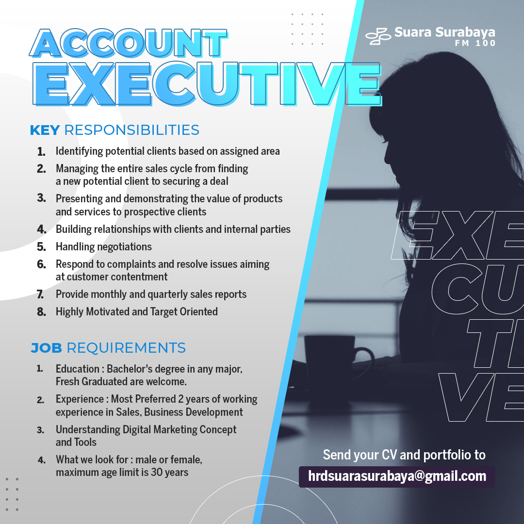 Buat kamu anak muda yang berjiwa muda dan kreatif yuk bergabung sebagai Account Executive dan Promotion and Even Staff di Suara Surabaya Media!

Kirimkan CV dan portfolio terbaikmu di hrdsuarasurabaya@gmail.com

#lowongankerja #lokersurabaya #promotionstaff #accountexecutive